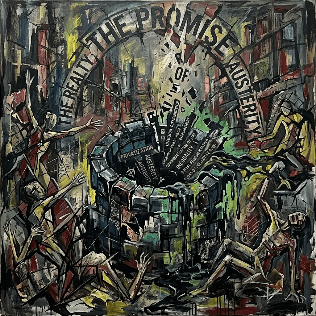 Political artwork reading “THE PROMISE,” “REALITY,” and “AUSTERITY” amid shattered urban forms