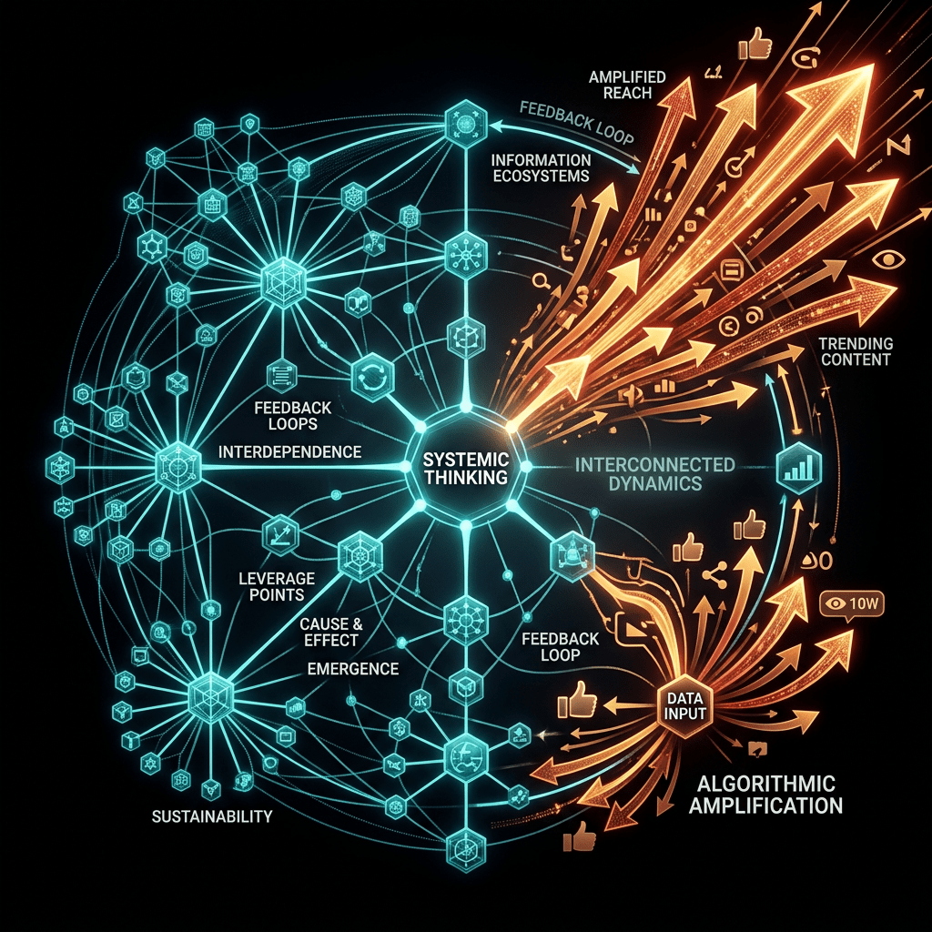 Diagram linking systemic thinking, feedback loops, data input, and algorithmic amplification