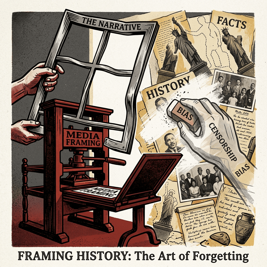 Collage reading “THE NARRATIVE,” “FACTS,” “HISTORY,” “MEDIA FRAMING,” “BIAS,” “CENSORSHIP,” and “FRAMING HISTORY: The Art of Forgetting,” with a printing press, newspaper frame, documents, photographs, and statues.