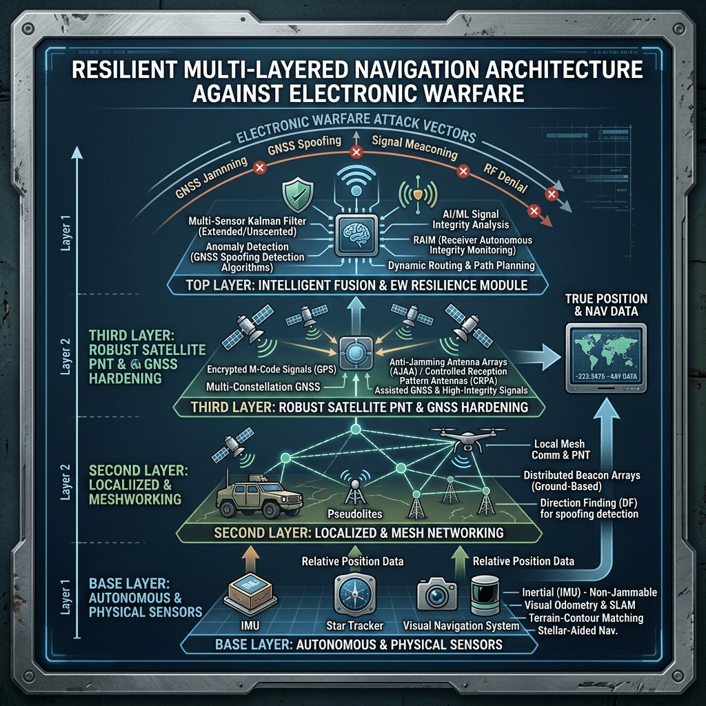 Diagram of four-layer resilient navigation architecture against electronic warfare