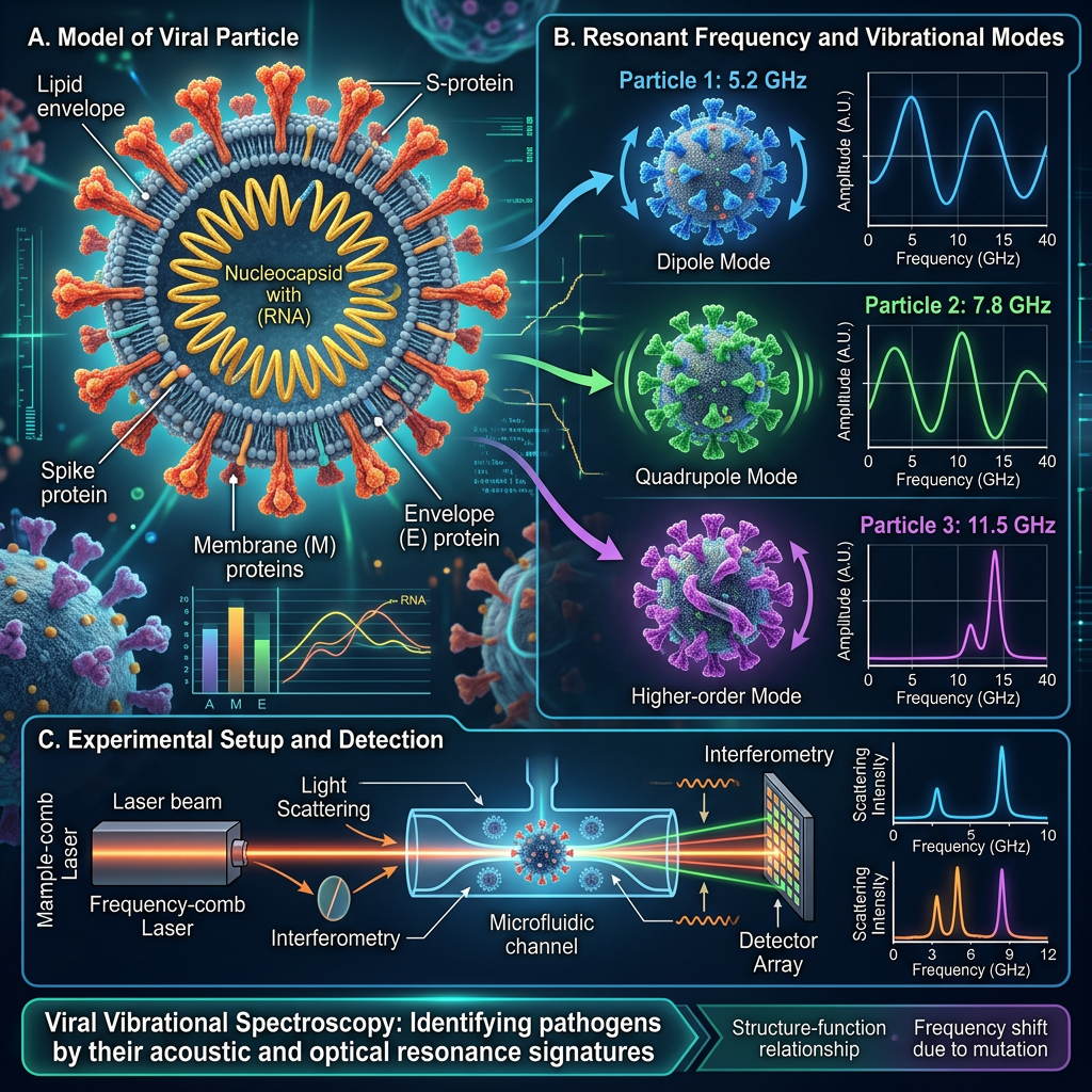 Infographic titled Viral Vibrational Spectroscopy: Identifying pathogens by their acoustic and optical resonance signatures, with panels showing a model of a viral particle, resonant frequencies and vibrational modes, and an experimental detection setup.