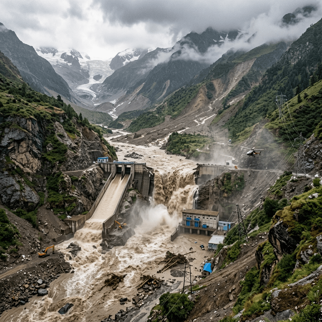 Floodwaters rush through a mountain dam beneath glacier-covered peaks