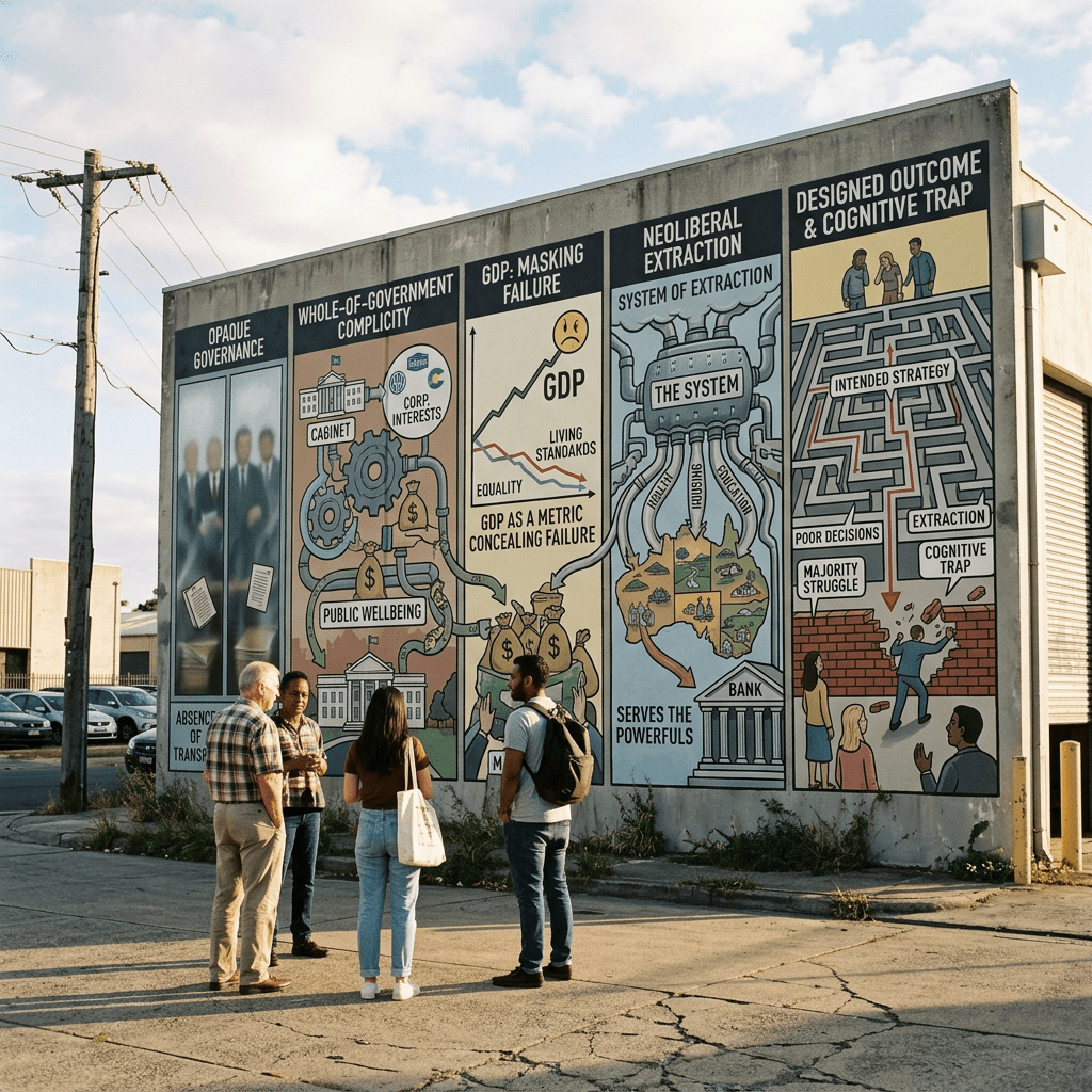 Four people view a mural labeled OPAQUE GOVERNANCE, WHOLE-OF-GOVERNMENT COMPLICITY, GDP, MASKING FAILURE, NEOLIBERAL EXTRACTION, and DESIGNED OUTCOME & COGNITIVE TRAP, with diagrams about public welfare, living standards, health, housing, education, banks, extraction, and cognitive traps.