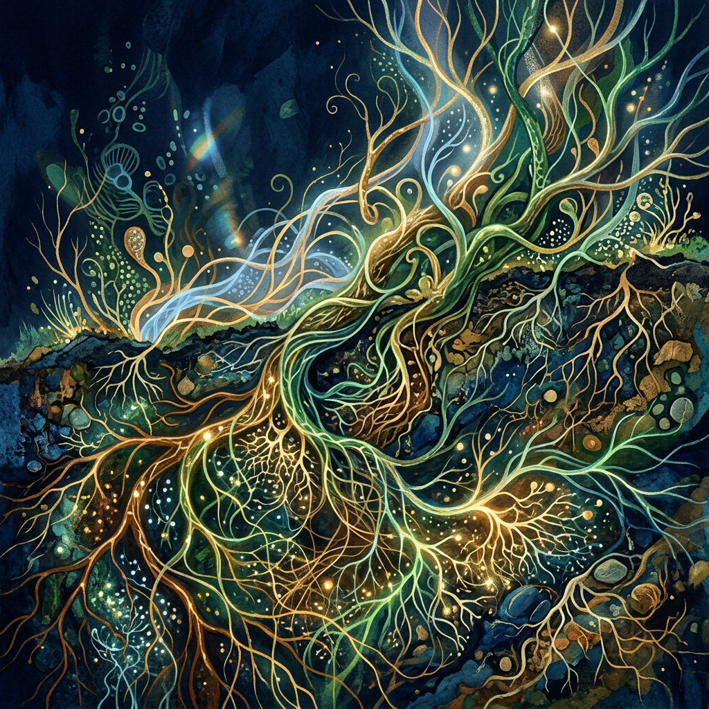 Glowing roots and vines spreading through dark, textured soil