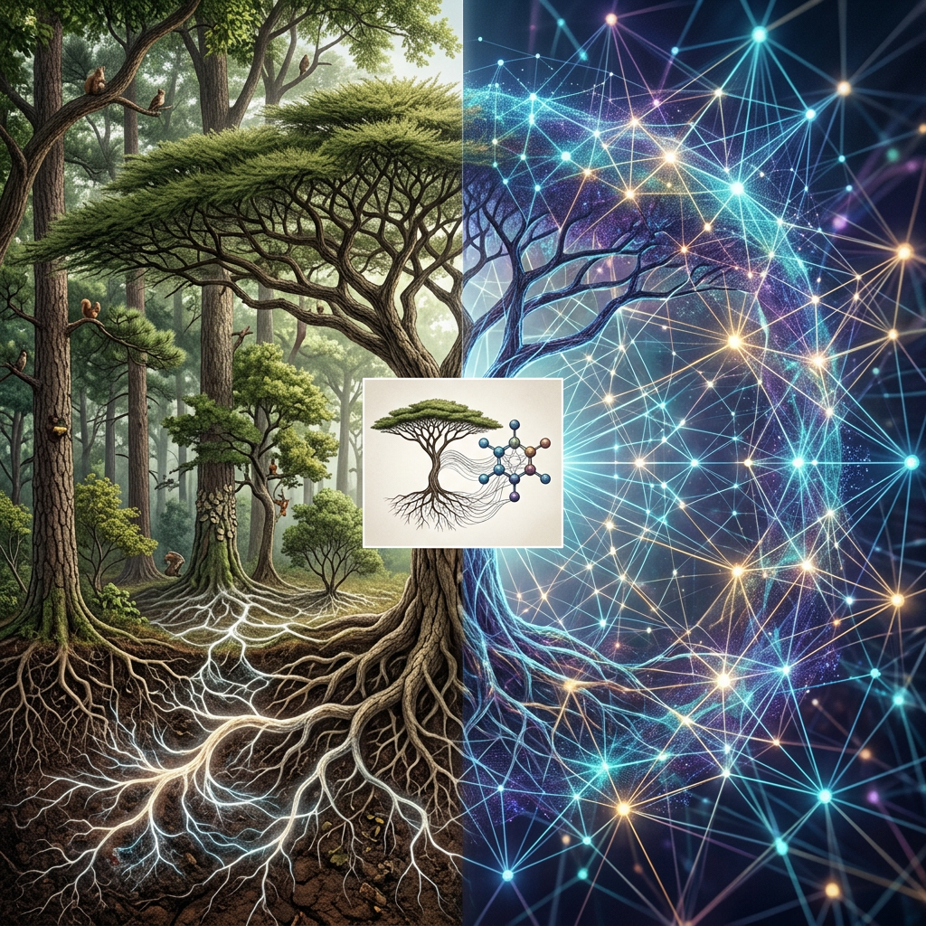 Split image of interconnected forest roots and glowing digital network
