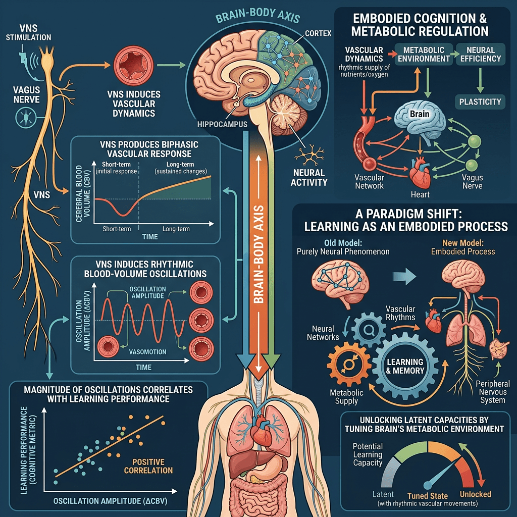 Infographic linking vagus nerve stimulation, vascular rhythms, brain metabolism, and learning