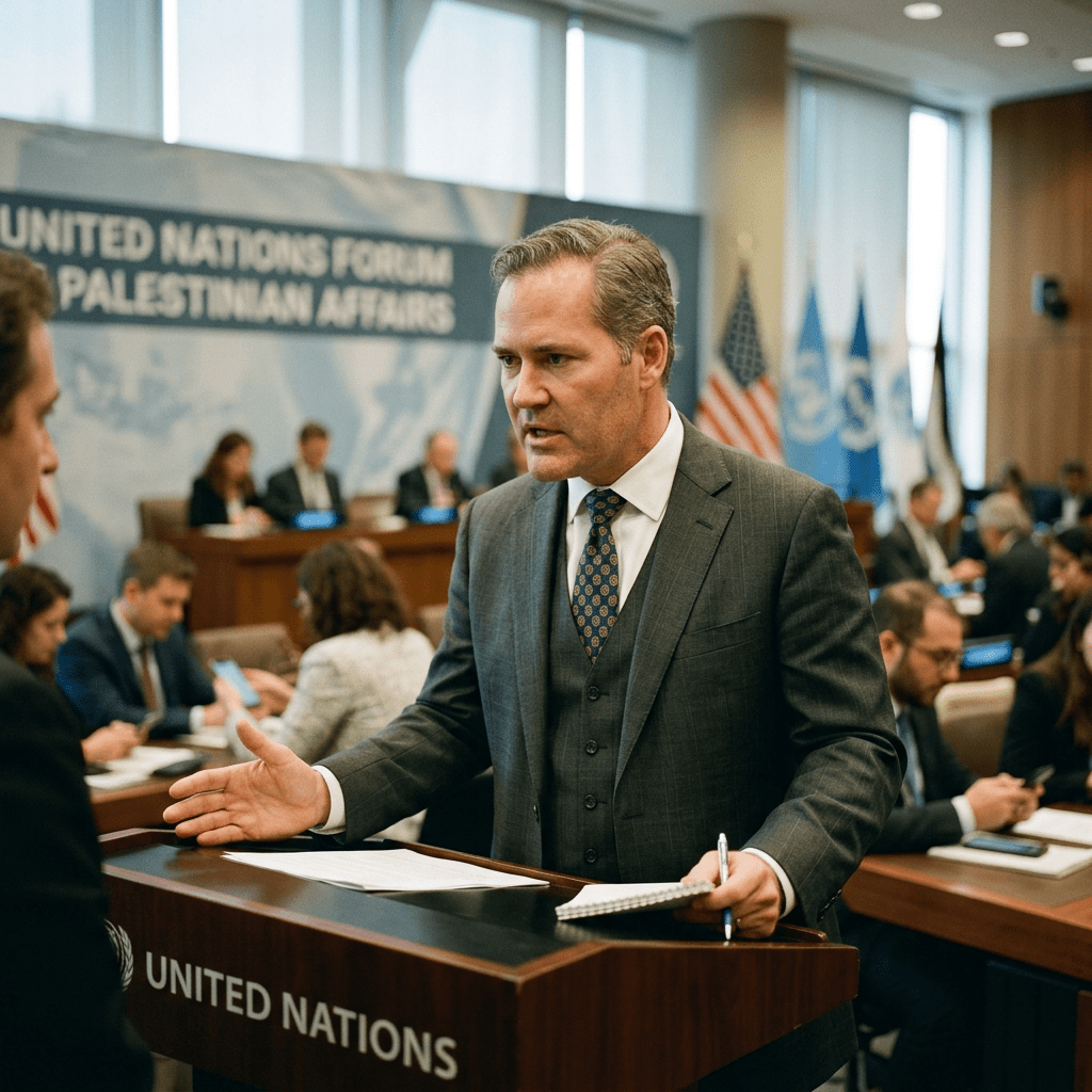 Man speaking at United Nations Forum on Palestinian Affairs; podium reads United Nations