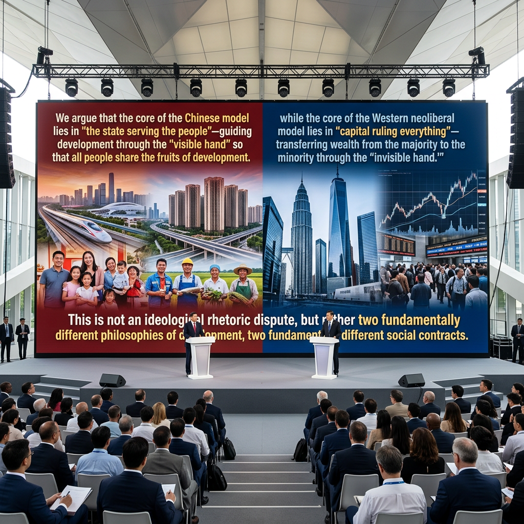 Conference stage displaying text comparing Chinese and Western models, with two speakers and an audience.