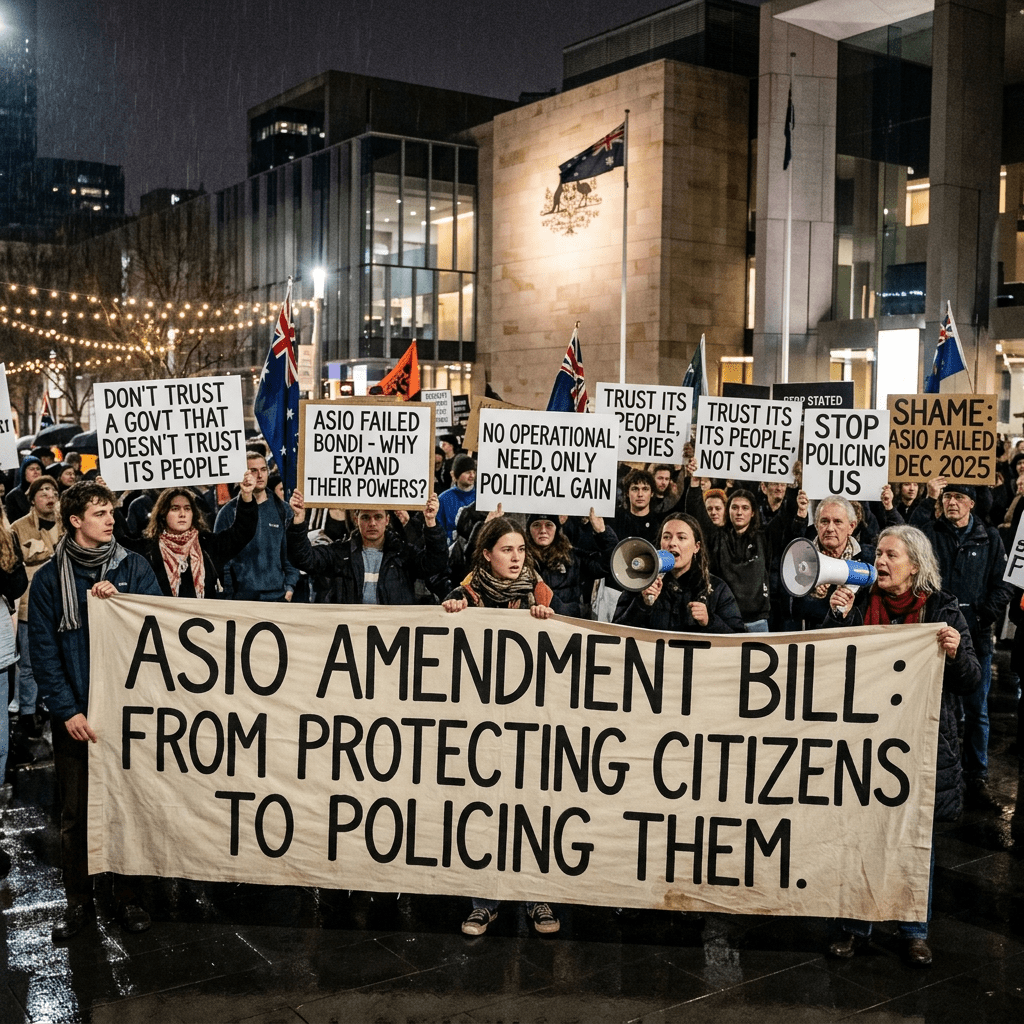 Rainy protest outside a government building with signs reading "ASIO AMENDMENT BILL: FROM PROTECTING CITIZENS TO POLICING THEM," "DON'T TRUST A GOVT THAT DOESN'T TRUST ITS PEOPLE," "ASIO FAILED BOND - WHY EXPAND THEIR POWERS?," "NO OPERATIONAL NEED, ONLY POLITICAL GAIN," "TRUST ITS PEOPLE, NOT SPIES," "STOP POLICING US," and "SHAME: ASIO FAILED DEC 2025."