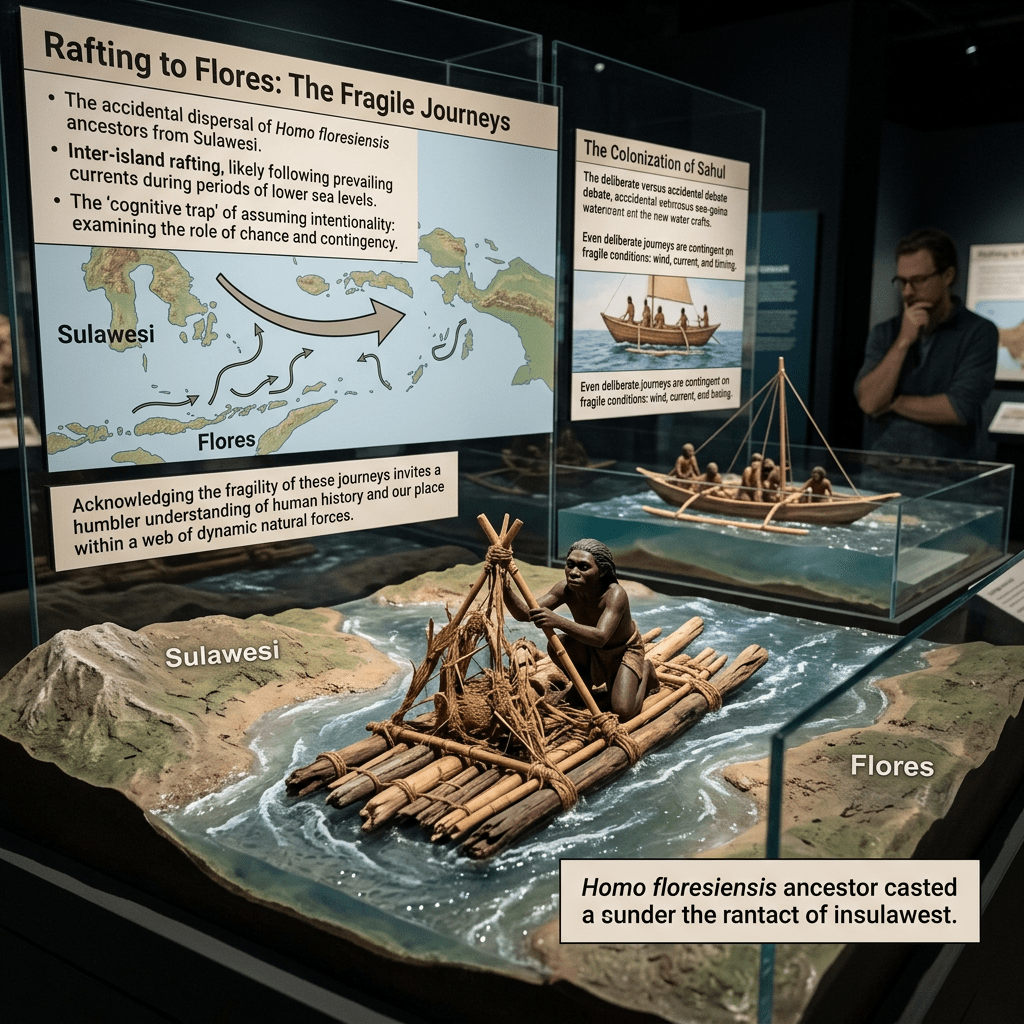 Museum exhibit titled “Rafting to Flores: The Fragile Journeys” with raft model and map