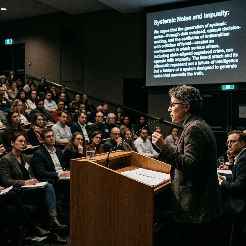 Speaker at podium before audience; slide reads “Systemic Noise and Impunity: We argue that the generation of systemic noise—through data overload, opaque decision-making, and the conflation of antisemitism with criticism of Israel—creates an environment in which serious crimes, including state-aligned organised crime, can operate with impunity. The Bondi attack and its aftermath represent not a failure of intelligence, but a feature of a system designed to generate noise that conceals the truth.”