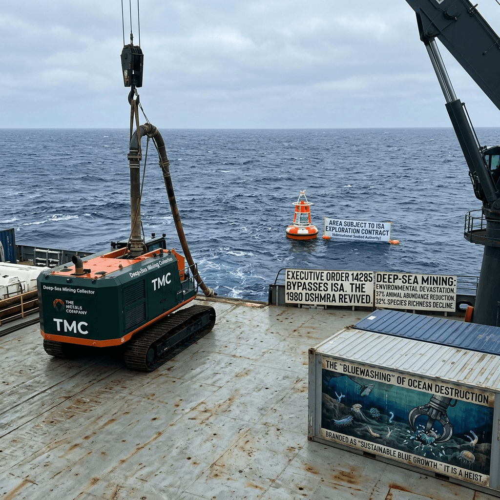 Deep-Sea Mining Collector TMC, buoy, and signs reading “AREA SUBJECT TO ISA EXPLORATION CONTRACT,” “EXECUTIVE ORDER 14285 DEEP-SEA MINING: BYPASSES ISA. THE 1980 DSHMRA REVIEWED,” “DEEP-SEA MINING: ENVIRONMENTAL DAMAGE, 37% ANNUAL ABUNDANCE REDUCTION, 32% SPECIES RICHNESS DECLINE,” and “THE ‘BLUEWASHING’ OF OCEAN DESTRUCTION.”