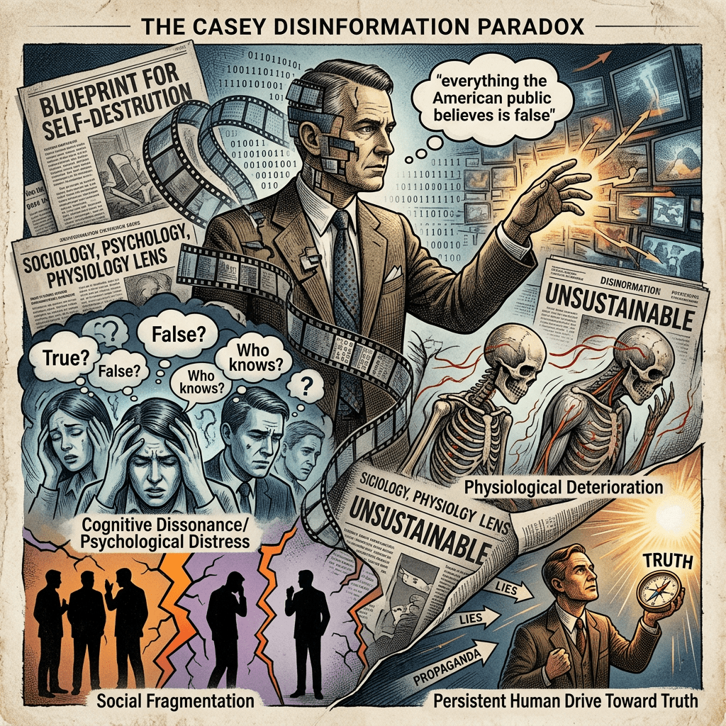 Infographic titled “THE CASEY DISINFORMATION PARADOX,” featuring “BLUEPRINT FOR SELF-DESTRUCTION,” “SOCIOLOGY, PSYCHOLOGY, PHYSIOLOGY LENS,” “DISINFORMATION UNSUSTAINABLE,” “Cognitive Dissonance/Psychological Distress,” “Physiological Deterioration,” “Social Fragmentation,” and “Persistent Human Drive Toward Truth,” with a thought bubble reading “everything the American public believes is false.”