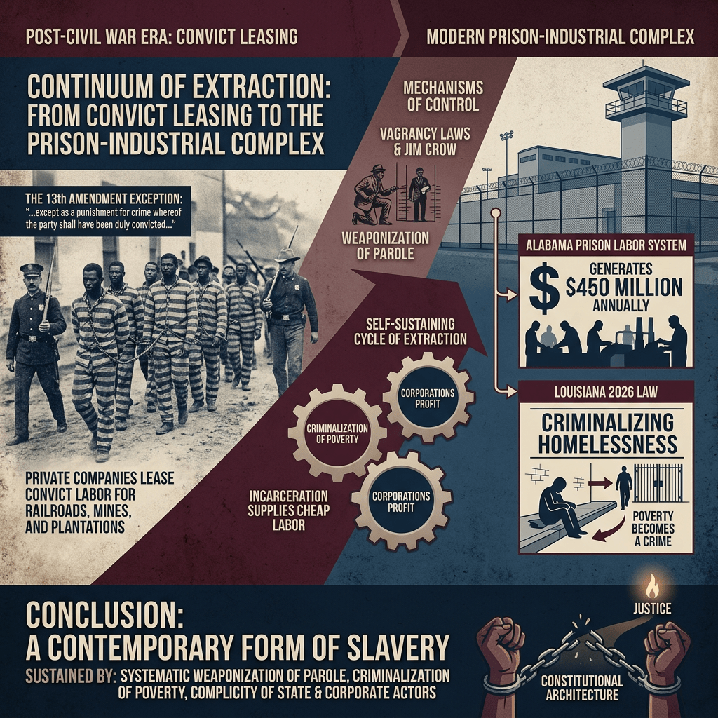 Infographic: Continuum of Extraction from Convict Leasing to the Prison-Industrial Complex; 13th Amendment exception; private companies lease convict labor; mechanisms of control include vagrancy laws, Jim Crow, and weaponization of parole; Alabama prison labor generates $450 million annually; Louisiana 2026 law criminalizes homelessness; conclusion calls it a contemporary form of slavery.