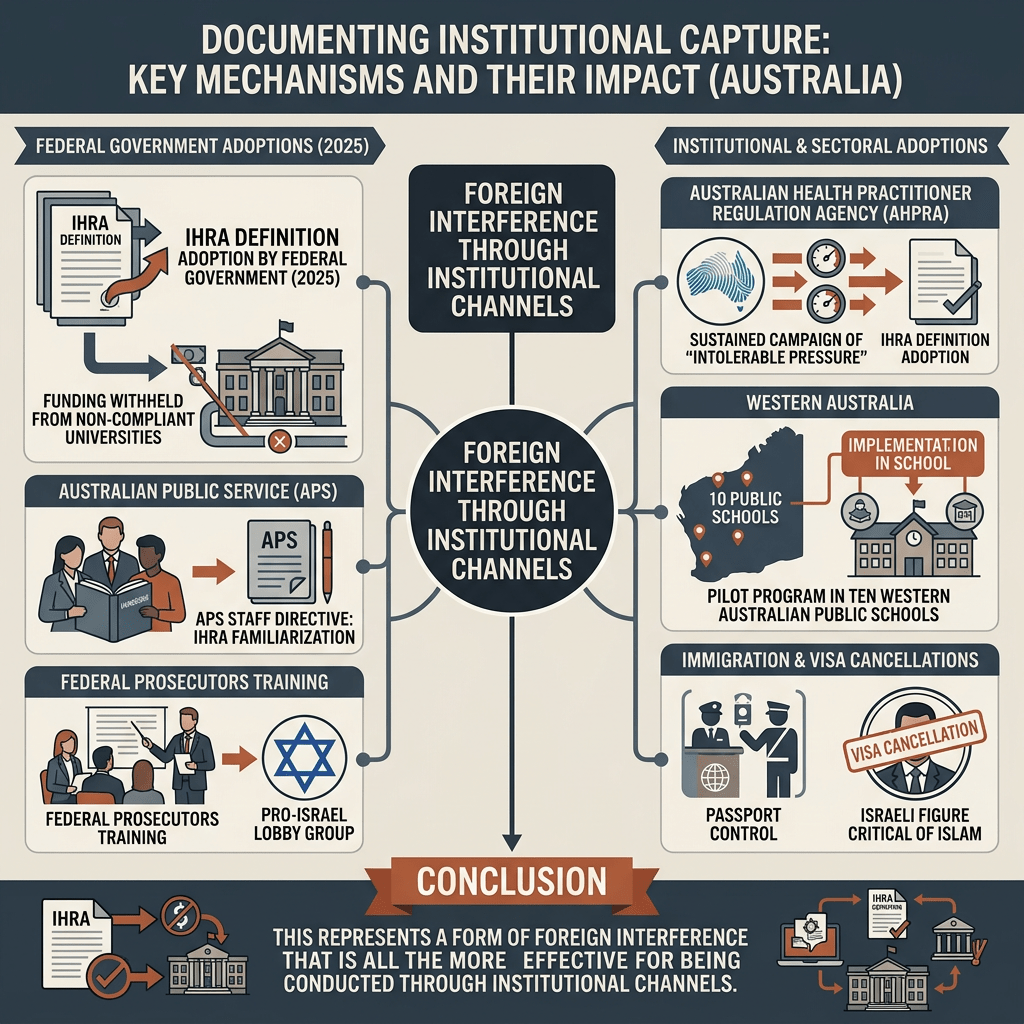 Infographic outlining foreign interference through institutional channels in Australia