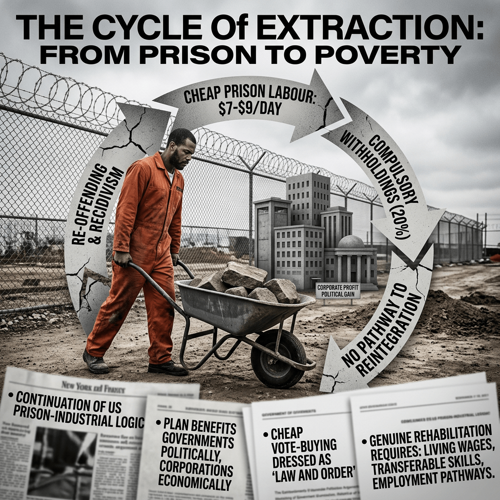 Infographic reading “THE CYCLE OF EXTRACTION: FROM PRISON TO POVERTY,” with prison labor arrows and reentry barriers.