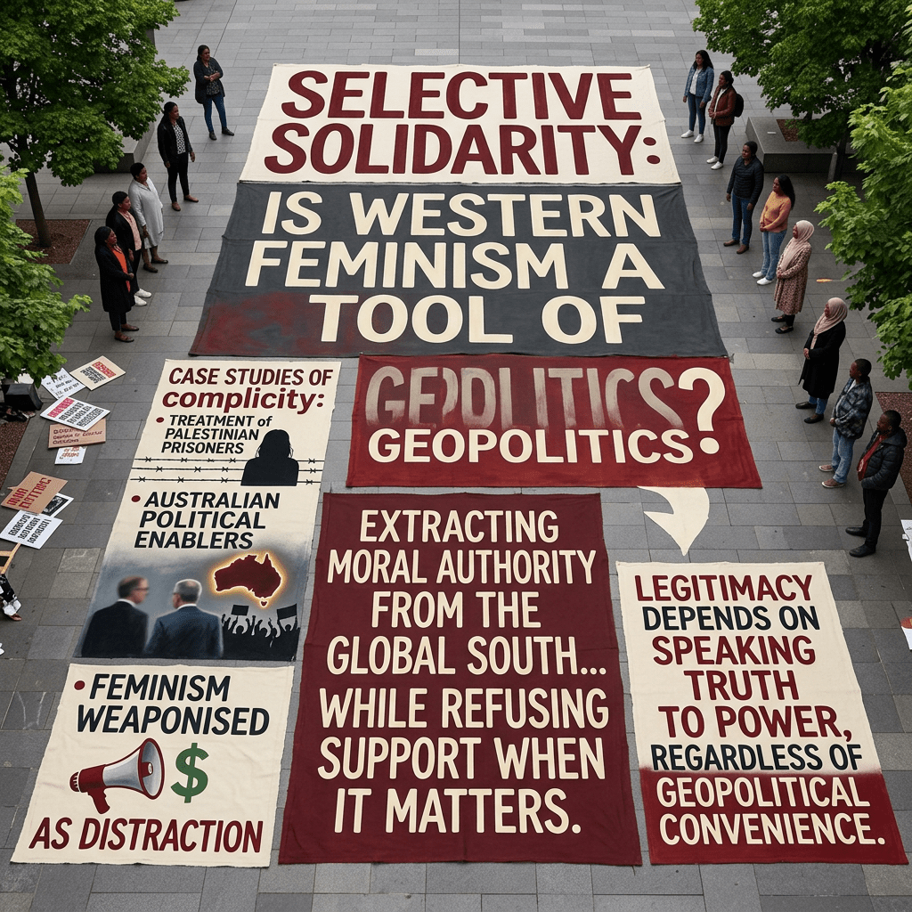 Banners read “SELECTIVE SOLIDARITY: IS WESTERN FEMINISM A TOOL OF GEOPOLITICS?”, “EXTRACTING MORAL AUTHORITY FROM THE GLOBAL SOUTH... WHILE REFUSING SUPPORT WHEN IT MATTERS.”, “LEGITIMACY DEPENDS ON SPEAKING TRUTH TO POWER, REGARDLESS OF GEOPOLITICAL CONVENIENCE.”, “FEMINISM WEAPONISED $ AS DISTRACTION,” and “CASE STUDIES OF COMPLICITY: TREATMENT OF PALESTINIAN PRISONERS; AUSTRALIAN POLITICAL ENABLERS.”