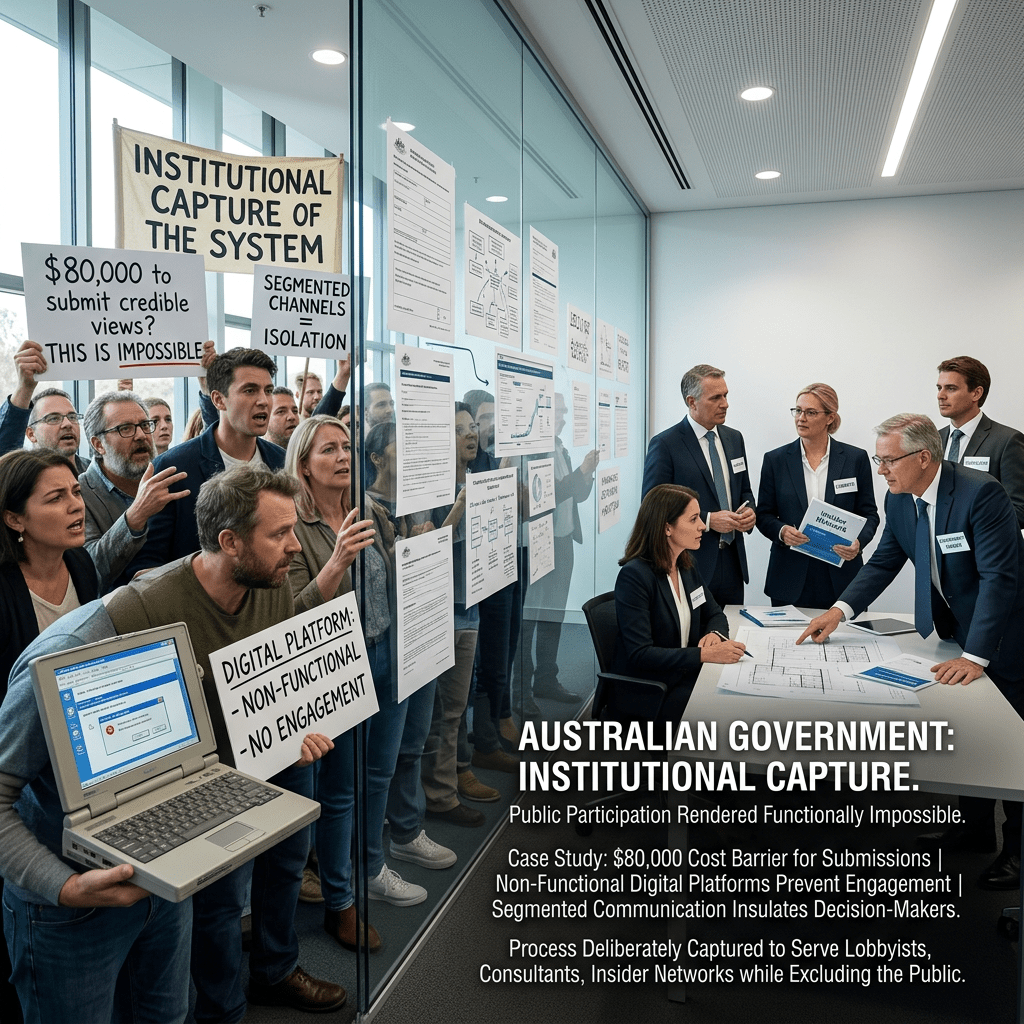 Protesters hold signs reading “INSTITUTIONAL CAPTURE OF THE SYSTEM” and “$80,000 to submit credible views? THIS IS IMPOSSIBLE,” beside officials reviewing documents; overlay text reads “AUSTRALIAN GOVERNMENT: INSTITUTIONAL CAPTURE.”