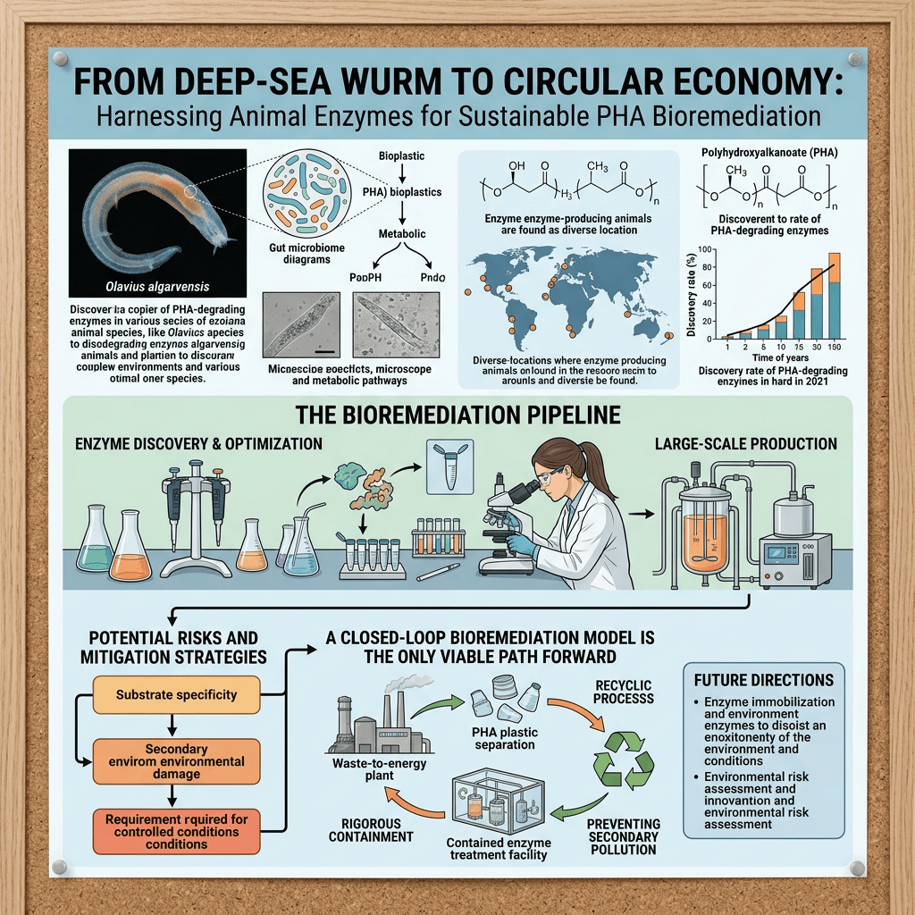Research poster explaining animal enzymes for sustainable PHA bioremediation