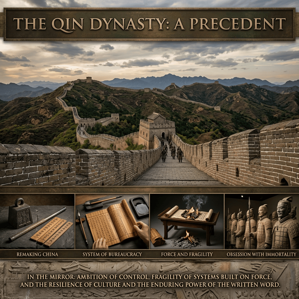 The Qin Dynasty: A Precedent. Great Wall across mountainous China with visitors, followed by panels labeled Remaking China, System of Bureaucracy, Force and Fragility, and Obsession with Immortality. In the Mirror: Ambition of Control, Fragility of Systems Built on Force, and the Resilience of Culture and the Enduring Power of the Written Word.