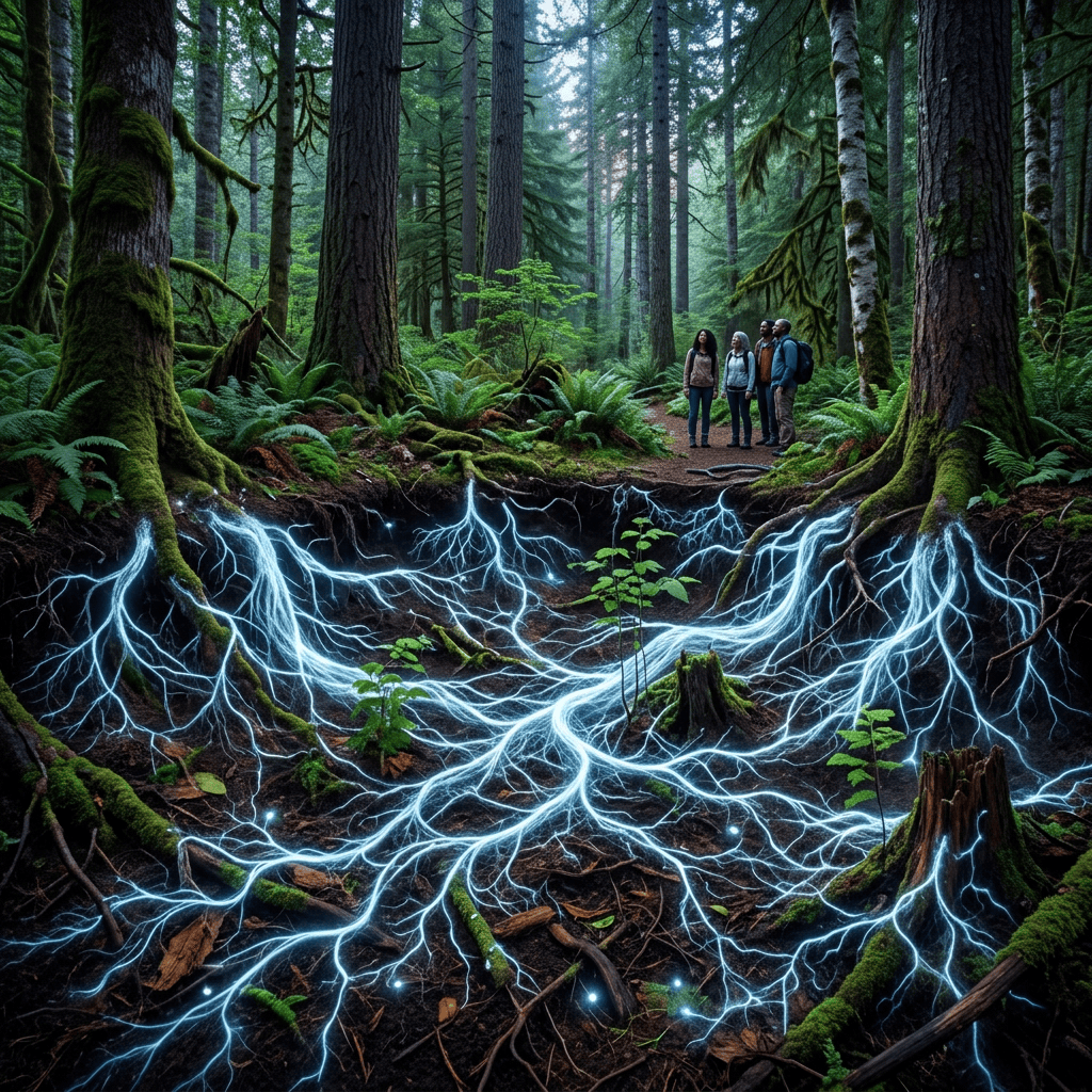 Four hikers beside glowing roots in a mossy forest