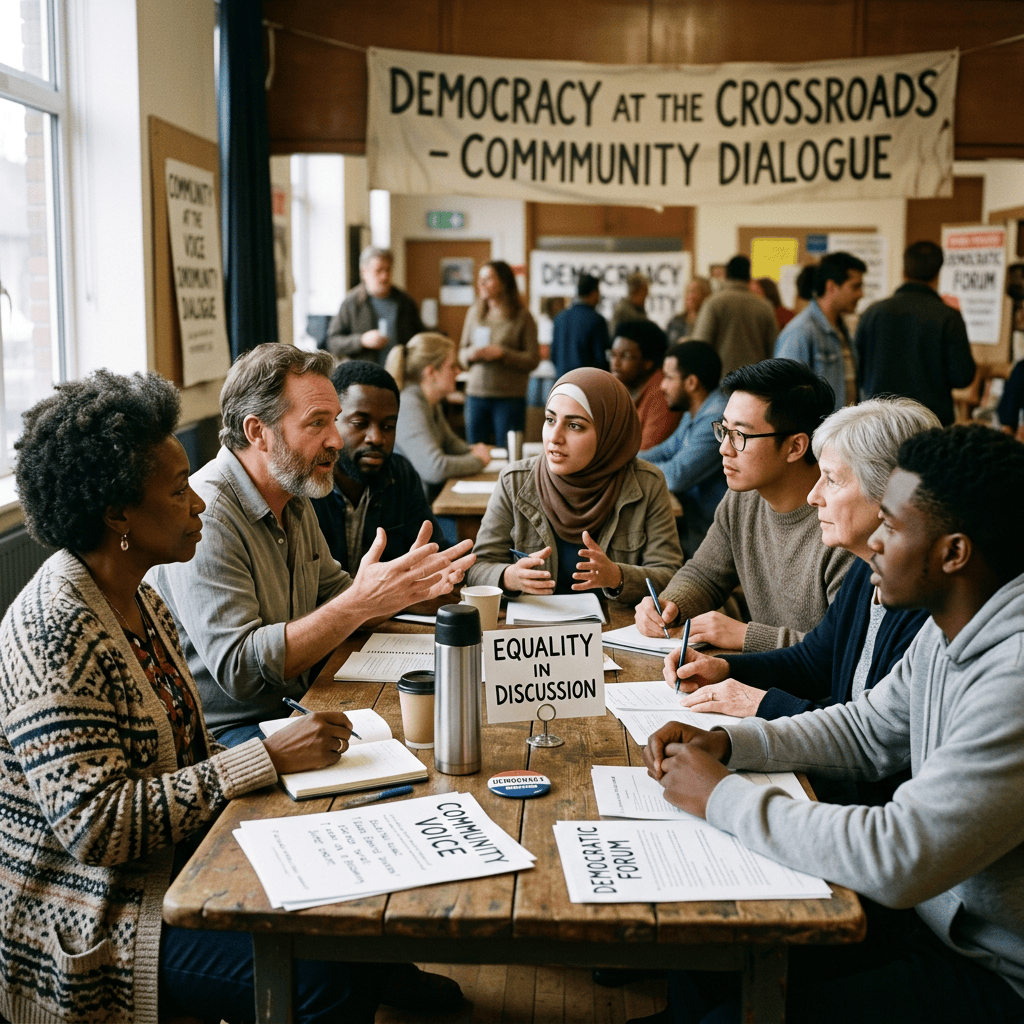 Diverse people discussing democracy as equals