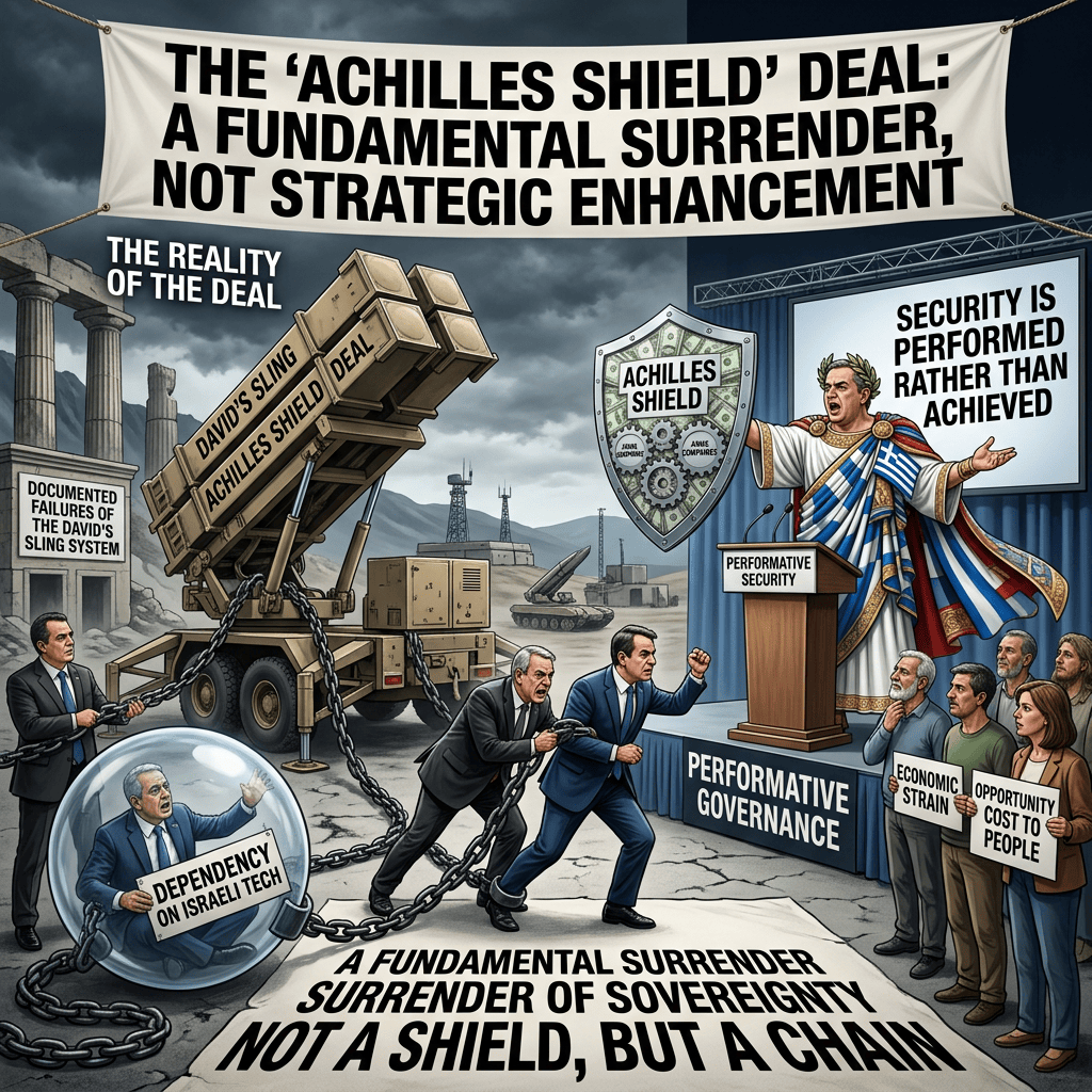 Political cartoon text reads: “The ‘Achilles Shield’ Deal: A Fundamental Surrender, Not Strategic Enhancement”; “The Reality of the Deal”; “David’s Sling”; “Achilles Shield”; “Security Is Performed Rather Than Achieved”; “Performative Security”; “Economic Strain”; “Opportunity Cost to People”; and “A Fundamental Surrender of Sovereignty, Not a Shield, But a Chain.”
