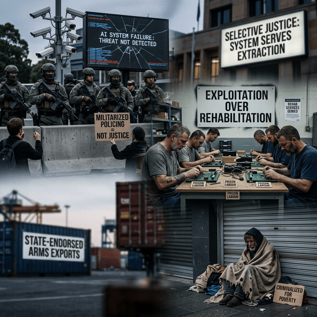 Collage reading “AI SYSTEM FAILURE: THREAT NOT DETECTED,” “SELECTIVE JUSTICE: SYSTEM SERVES EXTRACTION,” “EXPLOITATION OVER REHABILITATION,” “MILITARIZED POLICING = NOT JUSTICE,” “STATE-ENDORSED ARMS EXPORTS,” “PRISON LABOUR,” and “CRIMINALIZED FOR POVERTY.”