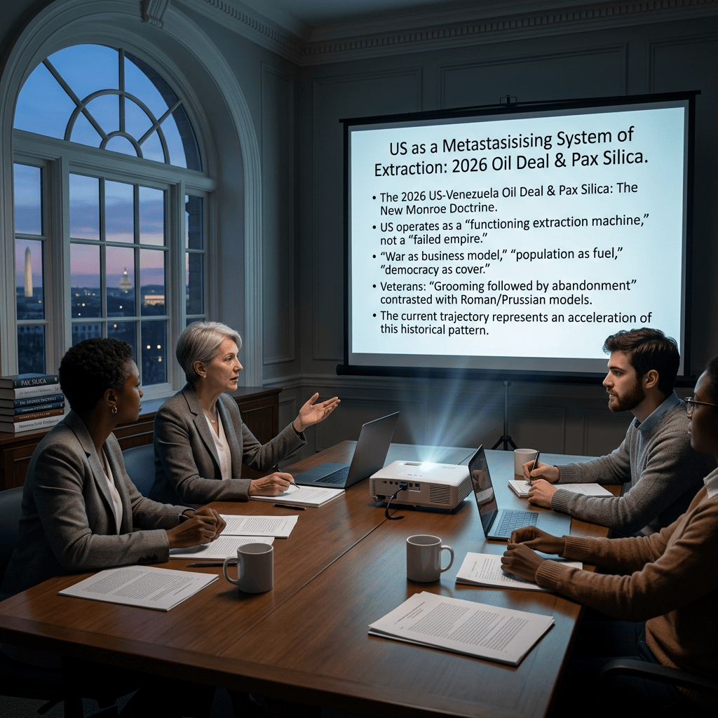Meeting presentation titled “US as a Metastasisising System of Extraction: 2026 Oil Deal & Pax Silica,” with bullets about the US-Venezuela oil deal, the New Monroe Doctrine, extraction, war, veterans, and historical patterns.