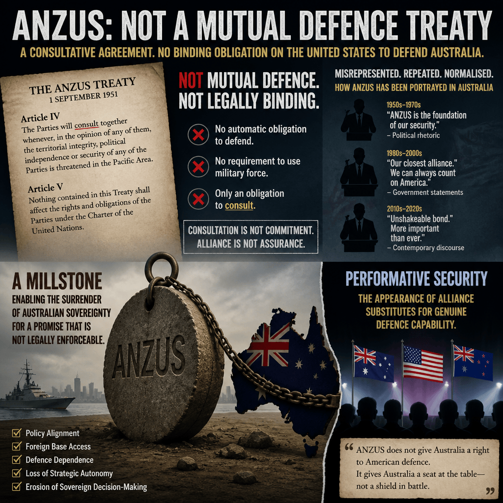 Infographic explaining ANZUS is not a mutual defence treaty