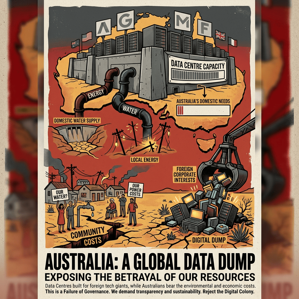 Poster reading “AUSTRALIA: A GLOBAL DATA DUMP,” showing data centres, pipelines, power lines, community costs, and digital waste.