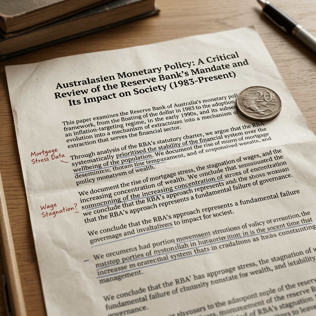 Paper titled “Australasian Monetary Policy: A Critical Review of the Reserve Bank’s Mandate and Its Impact on Society (1983–Present)” with handwritten notes and a twenty-cent coin