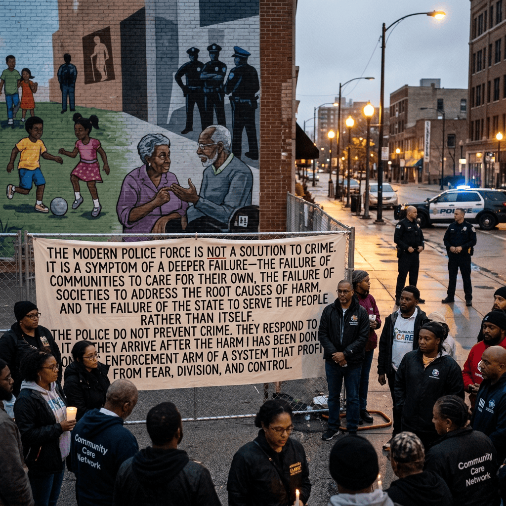 Community gathering with mural, police officers, and banner reading: "The modern police force is not a solution to crime. It is a symptom of a deeper failure—the failure of communities to care for their own, the failure of societies to address the root causes of harm, and the failure of the state to serve the people rather than itself. The police do not prevent crime. They respond to it after they arrive, after the harm has been done. An enforcement arm of a system that profits from fear, division, and control."