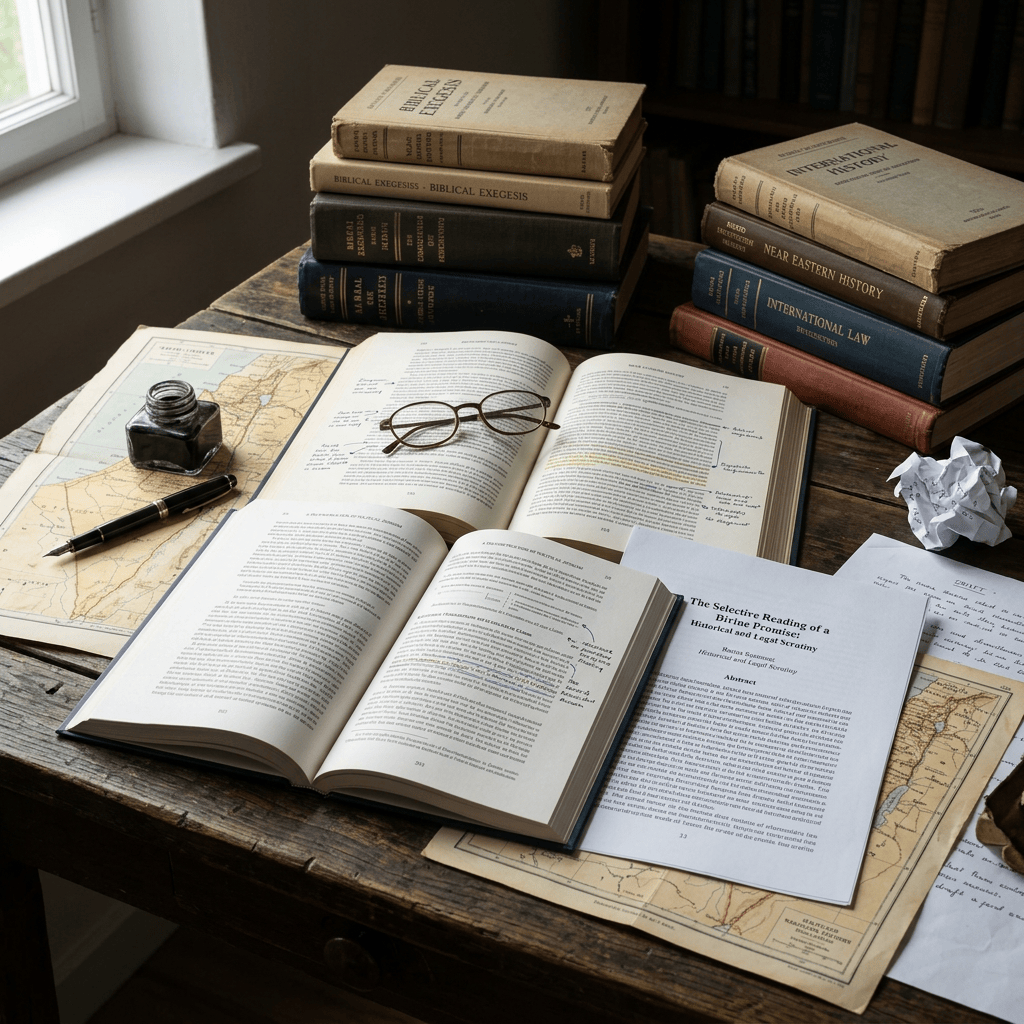 Open annotated books, maps, glasses, ink bottle, and historical texts on a desk