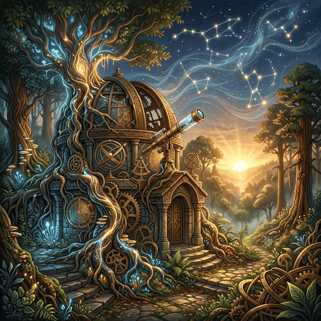 Ornate observatory integrated into glowing trees beneath constellations at sunset