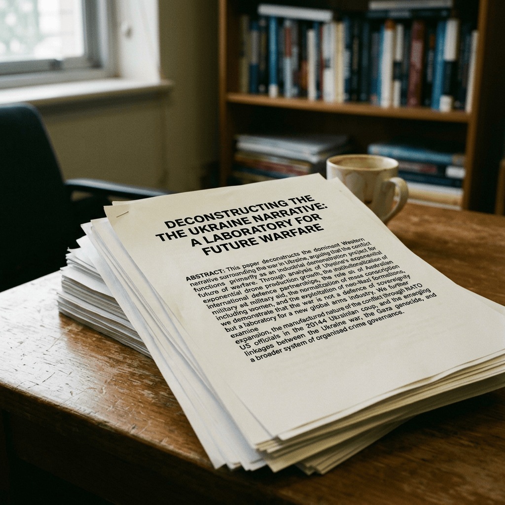 Printed paper titled “Deconstructing the Ukrainian Narrative: A Laboratory for Future Warfare,” with an abstract beneath it.