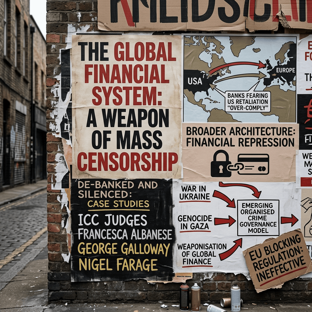 Street posters reading “THE GLOBAL FINANCIAL SYSTEM: A WEAPON OF MASS CENSORSHIP,” with maps, arrows, and financial repression claims