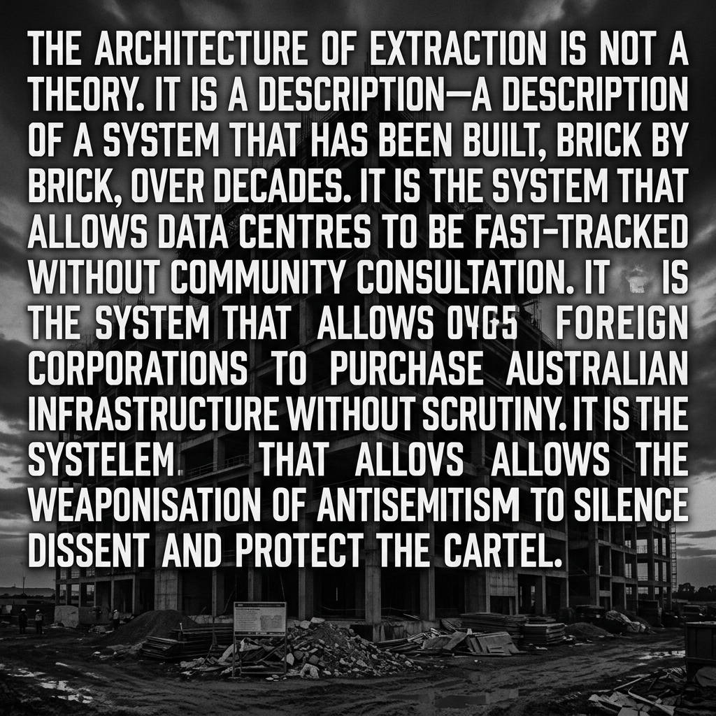 Text reads: “THE ARCHITECTURE OF EXTRACTION IS NOT A THEORY. IT IS A DESCRIPTION—A DESCRIPTION OF A SYSTEM THAT HAS BEEN BUILT, BRICK BY BRICK, OVER DECADES. IT IS THE SYSTEM THAT ALLOWS DATA CENTRES TO BE FAST-TRACKED WITHOUT COMMUNITY CONSULTATION. IT IS THE SYSTEM THAT ALLOWS OVG5 FOREIGN CORPORATIONS TO PURCHASE AUSTRALIAN INFRASTRUCTURE WITHOUT SCRUTINY. IT IS THE SYSTEM THAT ALLOWS THE WEAPONISATION OF ANTISEMITISM TO SILENCE DISSENT AND PROTECT THE CARTEL.”