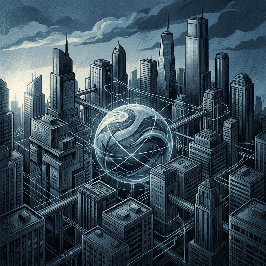 Illustrated city skyline surrounding a globe with interconnected lines