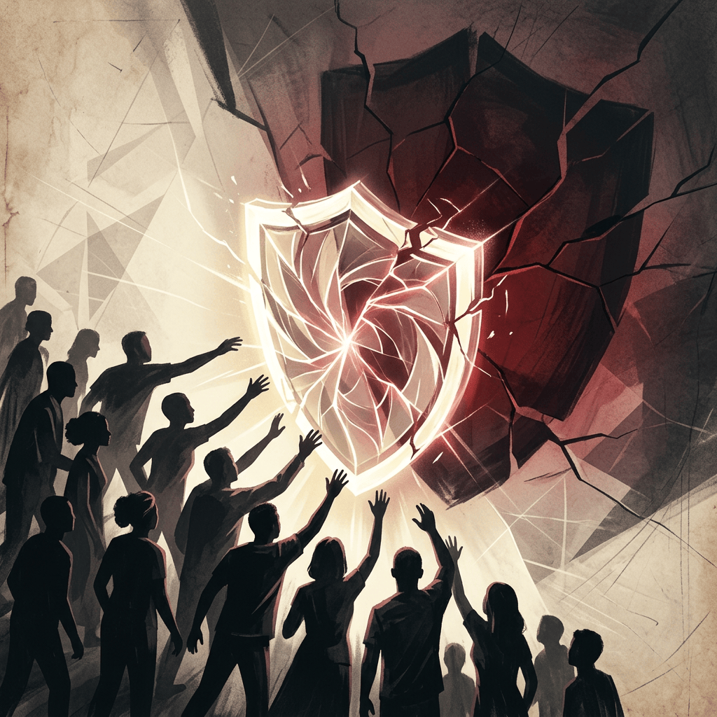 Silhouetted crowd reaching toward a glowing shield amid cracked darkness