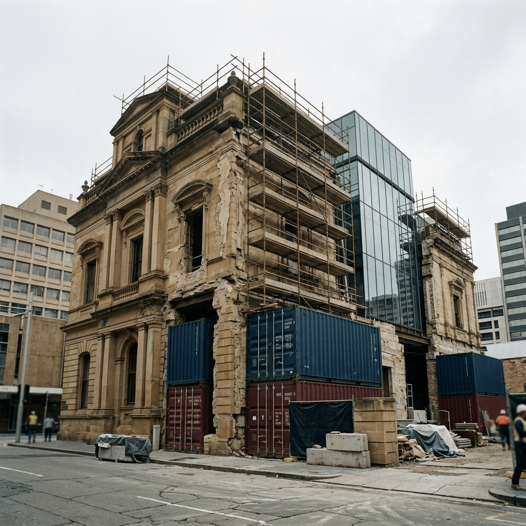 Historic stone building covered in scaffolding beside modern city buildings