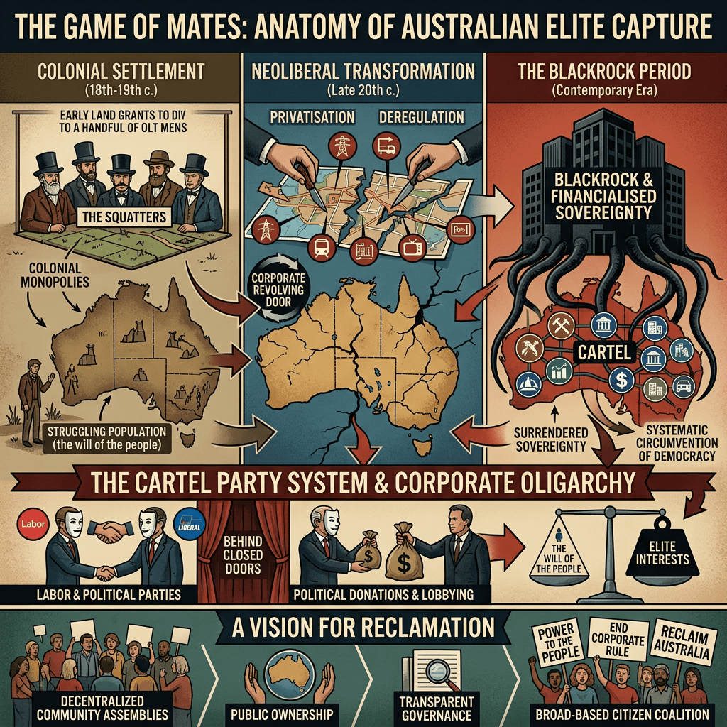 Infographic, “The Game of Mates,” tracing Australian elite capture and proposing reclamation.