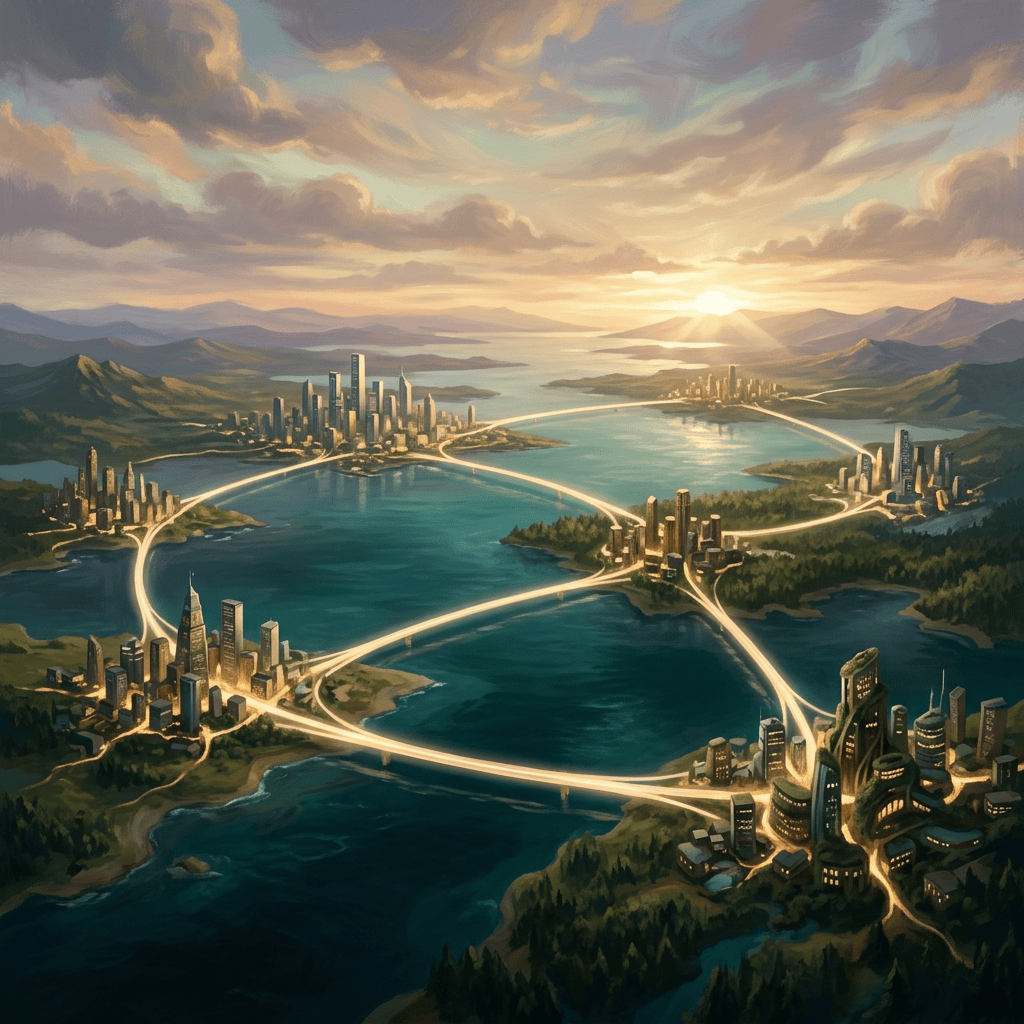Futuristic cities connected by glowing bridges across lakes at sunset