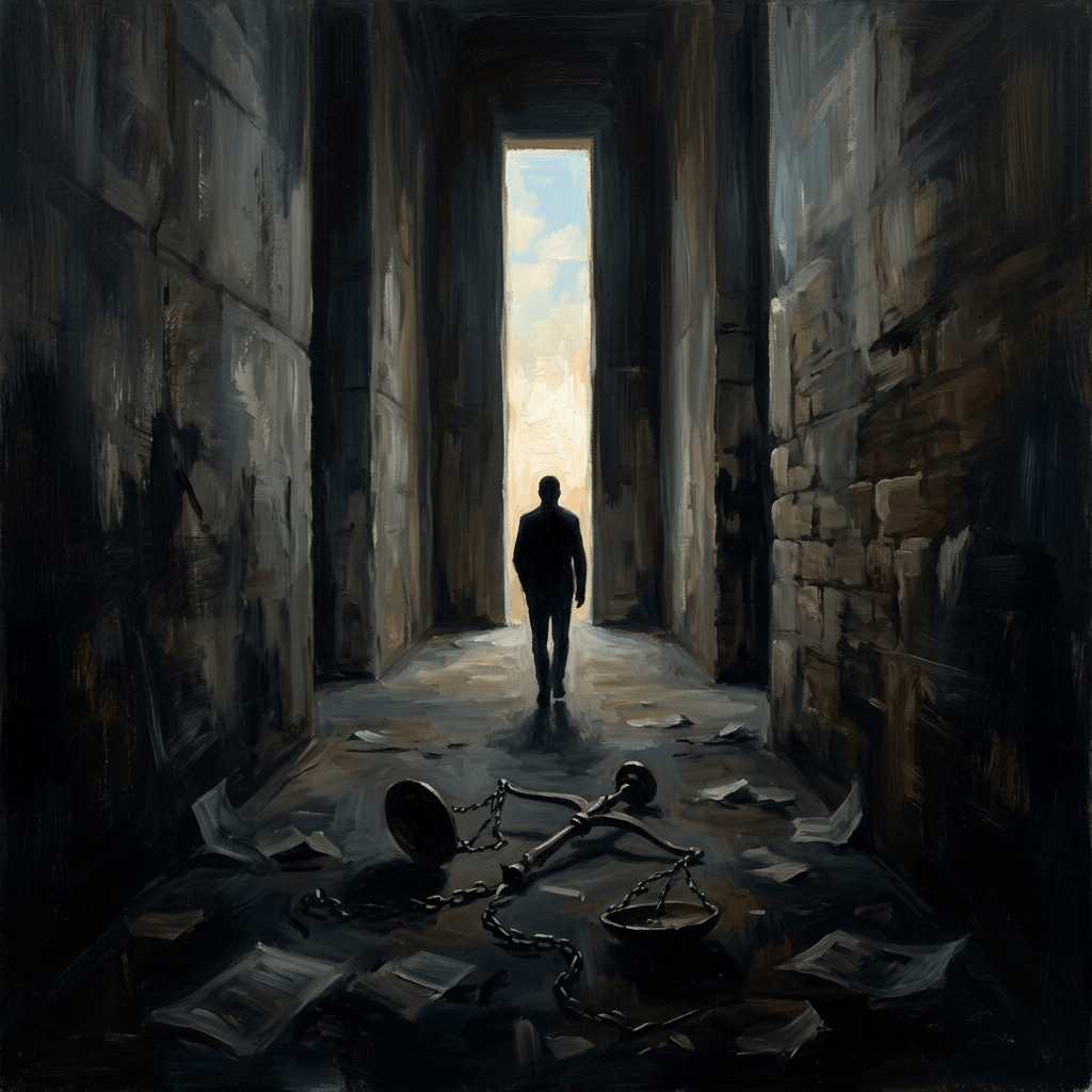 Silhouetted person walking through a dark alley toward light, with broken scales
