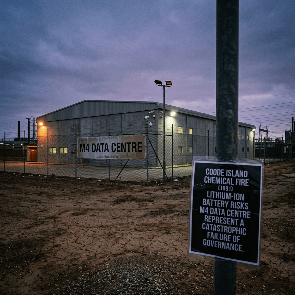 M4 DATA CENTRE; sign reads COODE ISLAND CHEMICAL FIRE (1991), LITHIUM-ION BATTERY RISKS, M4 DATA CENTRE REPRESENT A CATASTROPHIC FAILURE OF GOVERNANCE.