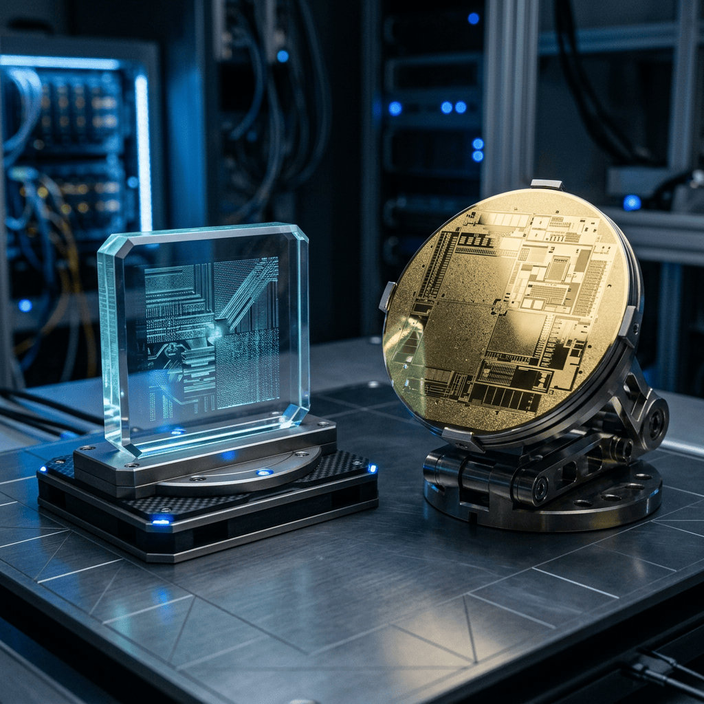 Crystal display and gold circuit wafer on stands in a server room