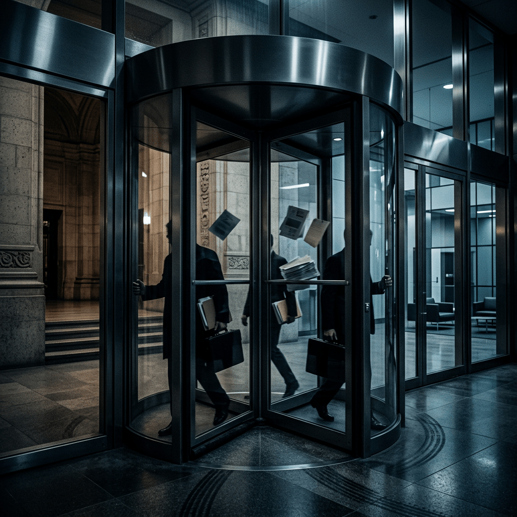 Business professionals carrying documents through a revolving glass door