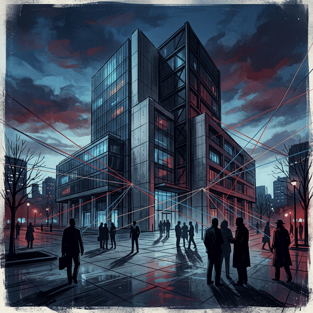 Modern high-rise building with pedestrians and colorful intersecting lines at dusk