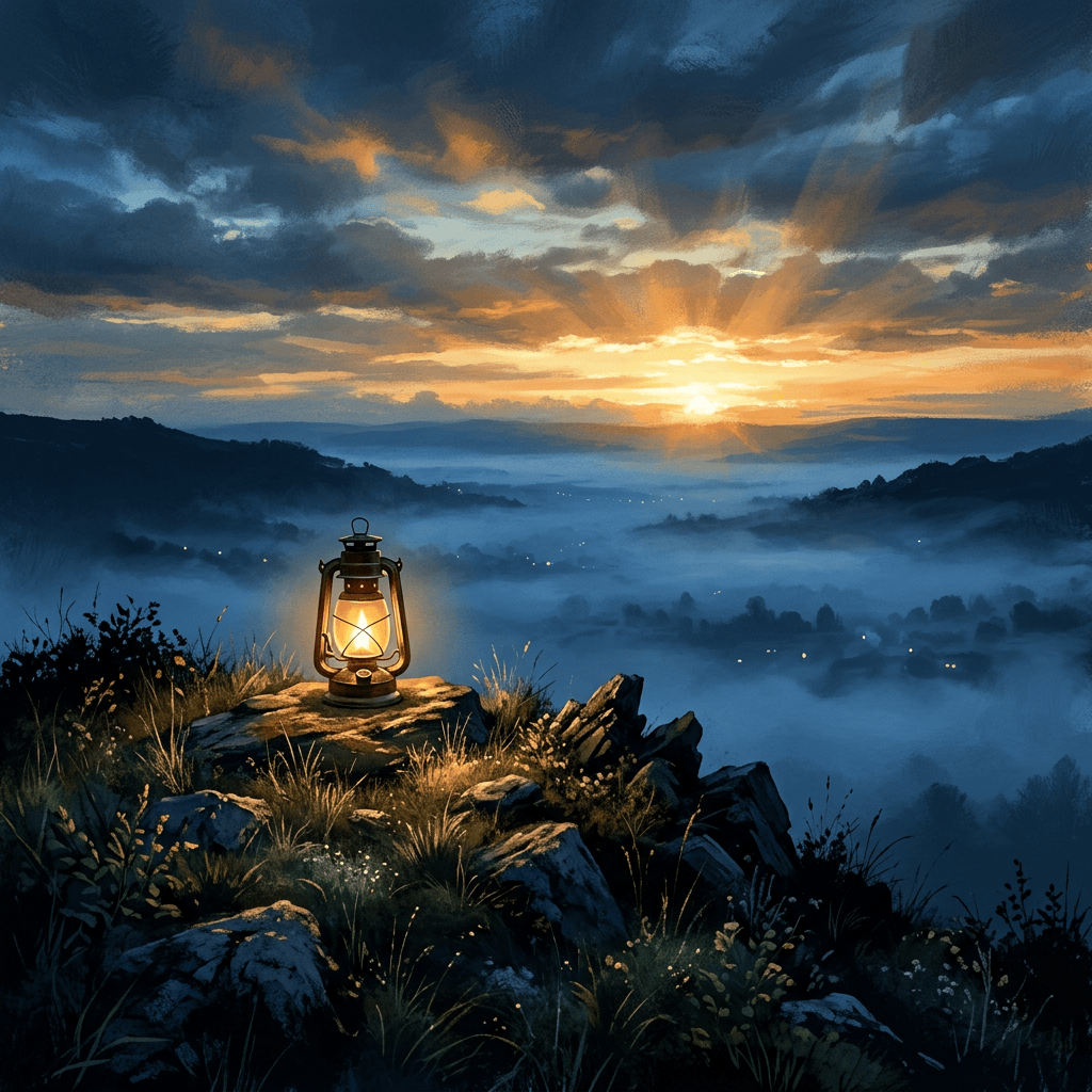 A glowing lantern on rocky ground overlooking a misty valley at sunset