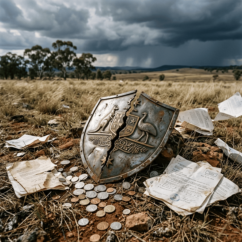 Cracked Australian coat of arms shield surrounded by coins and papers in a field
